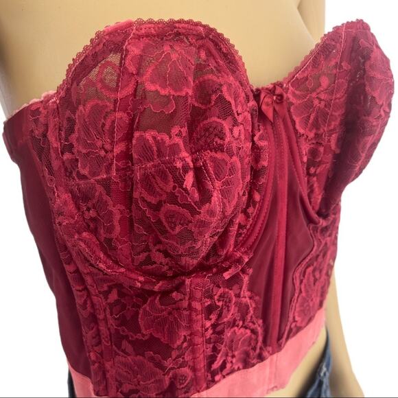 Goddess (42B) American VINTAGE 90s Red Hand Dyed Floral Lace Bustier - Picture 1 of 9